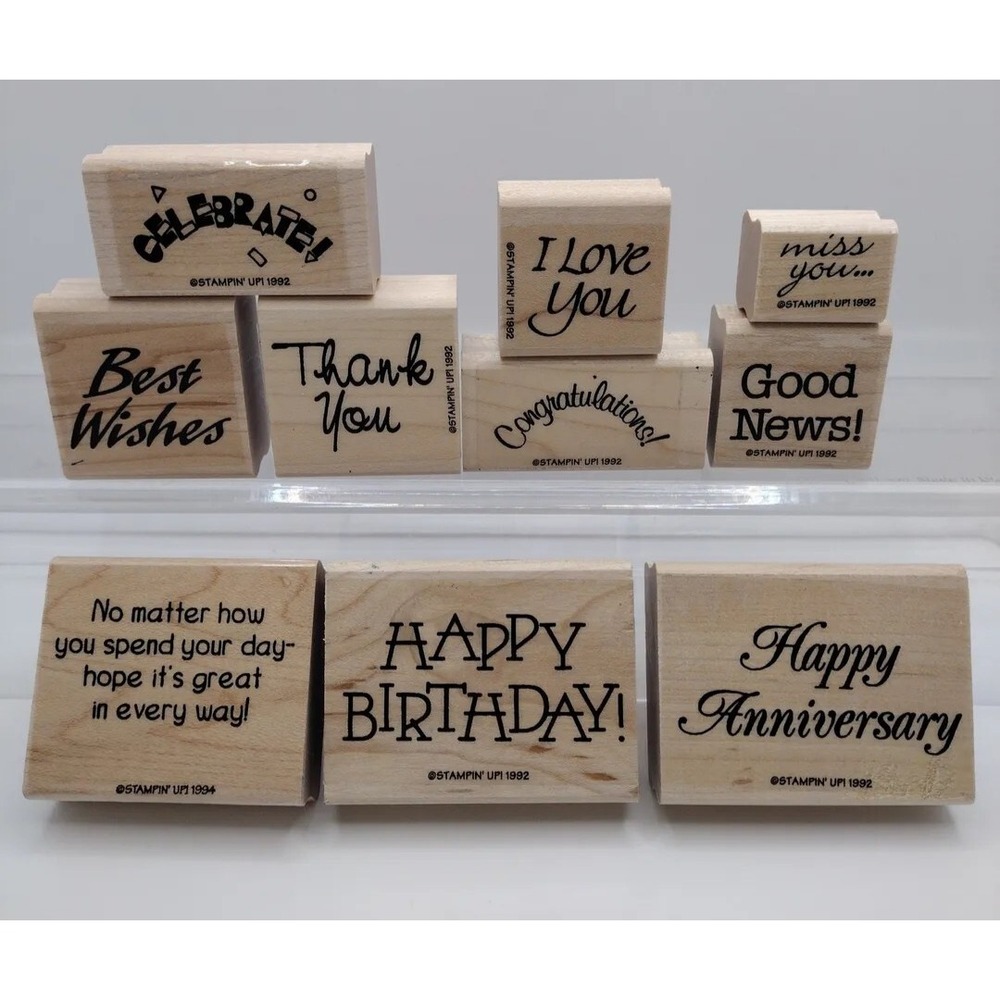 Lot of 10 Stampin' Up 1992 & 1994  Wood Mounted Rubber Stamps Sayings NEW & USED